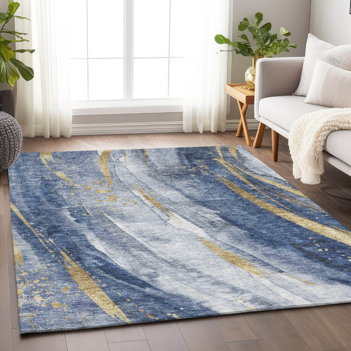 3' X 5' Blue Gold And Ivory Abstract Washable Indoor Outdoor Area Rug