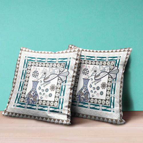 18" x 18" Off White Peacock Blown Seam Floral Indoor Outdoor Throw Pillow Home Accent
