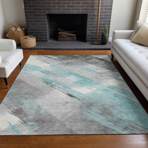 3' X 5' Teal Blue And Gray Striped Washable Indoor Outdoor Area Rug