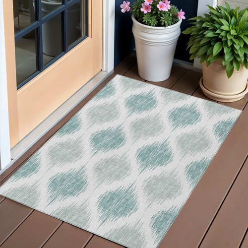 3' X 5' Aqua Teal Blue And Ivory Ikat Washable Indoor Outdoor Area Rug