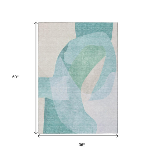 3' X 5' Pale Aqua And Beige Abstract Washable Indoor Outdoor Area Rug - Pale Aqua, Beige