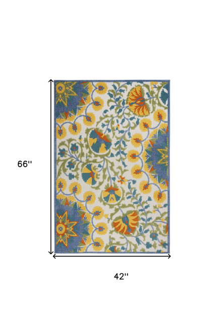4' X 6' Ivory Blue Yellow And Orange Floral Indoor Outdoor Area Rug