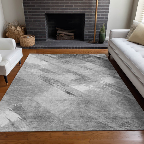 5' X 8' Gray And Charcoal Striped Washable Indoor Outdoor Area Rug