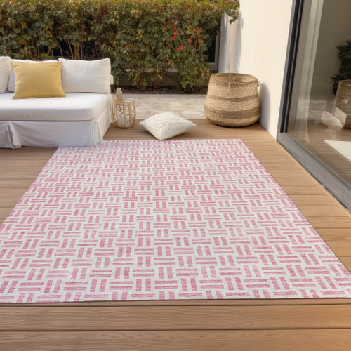 3' X 5' Pink And Ivory Geometric Washable Indoor Outdoor Area Rug