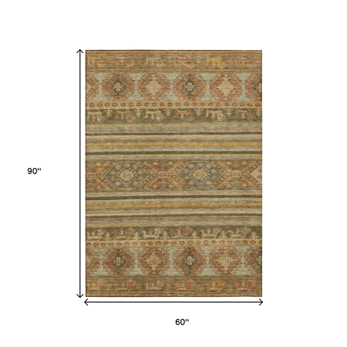 5' X 8' Beige Taupe And Gold Tribal Washable Indoor Outdoor Area Rug - 880016873856