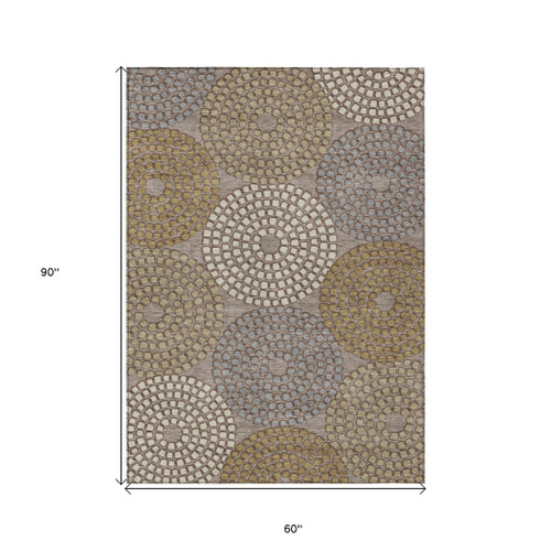 5' X 8' Taupe Beige And Green Geometric Washable Indoor Outdoor Area Rug
