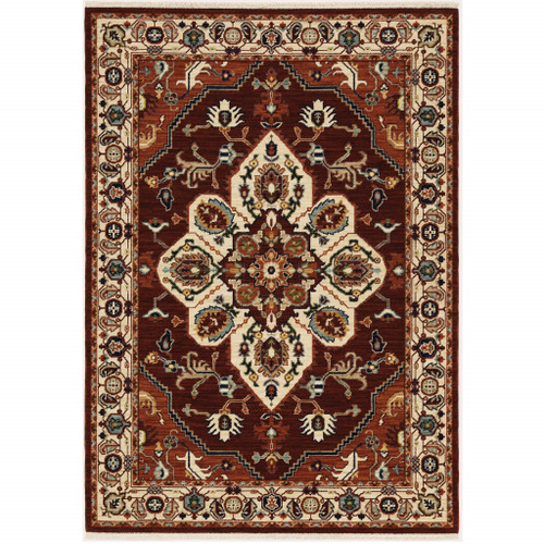 2' X 3' Red Ivory Orange And Blue Oriental Power Loom Stain Resistant Area Rug With Fringe