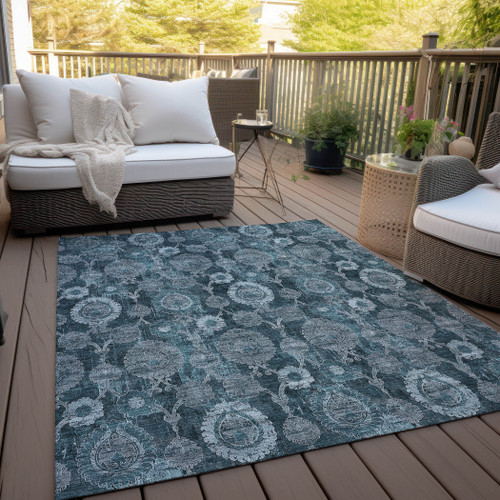 3' X 5' Teal Blue And Sky Blue Damask Washable Indoor Outdoor Area Rug