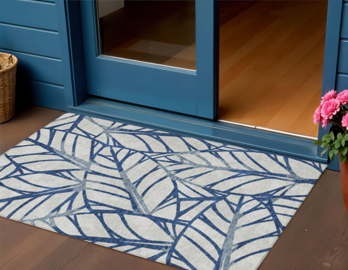 3' X 5' Navy Blue And Beige Floral Washable Indoor Outdoor Area Rug