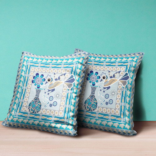 26" x 26" Aqua Peacock Blown Seam Floral Indoor Outdoor Throw Pillow Home Accent
