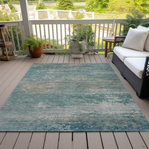 5' X 8' Aqua And Beige Abstract Washable Indoor Outdoor Area Rug
