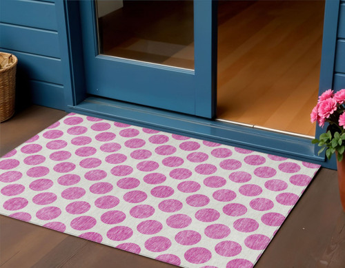 3' X 5' Blush And Ivory Polka Dot Washable Indoor Outdoor Area Rug
