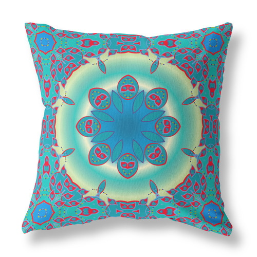 16" X 16" Green And Red Geometric Blown Seam Suede Throw Pillow