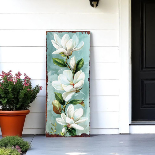 36" Blue Green And White Solid Wood Magnolia Porch Sign