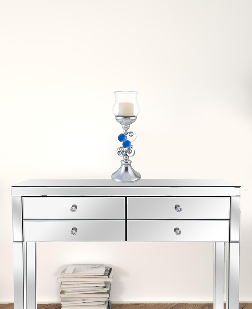 18" Blue Clear And Silver Polyresin Tabletop Hurricane Candle Holder
