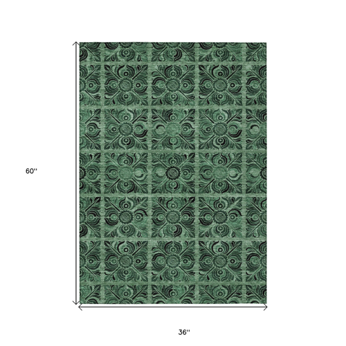 3' X 5' Fern Green And Charcoal Medallion Washable Indoor Outdoor Area Rug