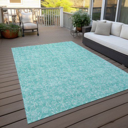 5' X 8' Teal Blue And Ivory Floral Washable Indoor Outdoor Area Rug