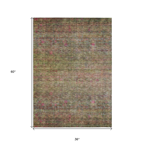 3' X 5' Artichoke Green And Hot Pink Floral Washable Indoor Outdoor Area Rug
