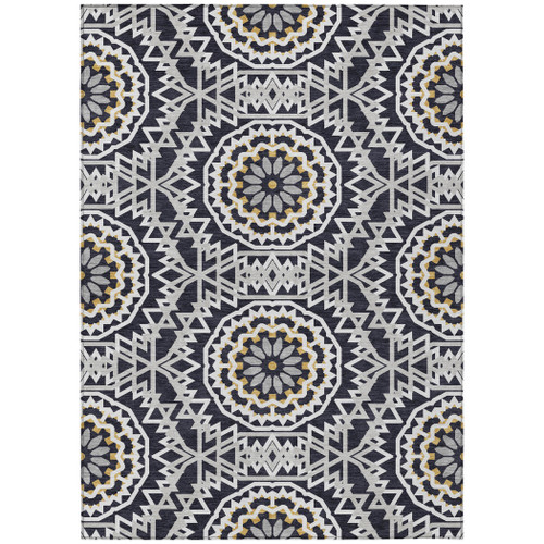 5' X 8' Black Ivory And Gray Floral Medallion Washable Indoor Outdoor Area Rug