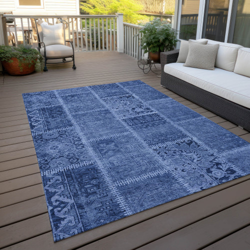5' X 8' Navy Blue And Denim Blue Patchwork Washable Indoor Outdoor Area Rug