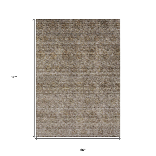5' X 8' Brown And Tan Floral Washable Indoor Outdoor Area Rug