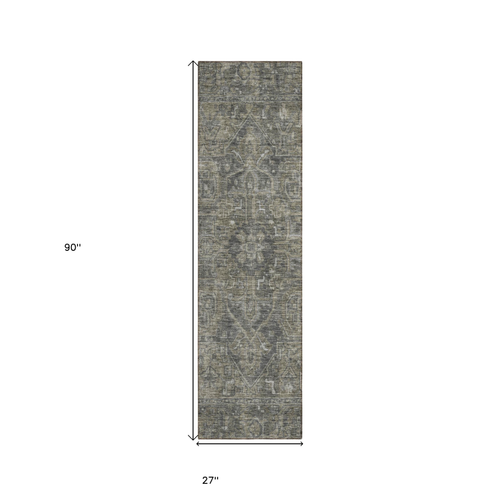 8' Runner Brown and Black Oriental Washable Non Skid Indoor Outdoor Runner Rug