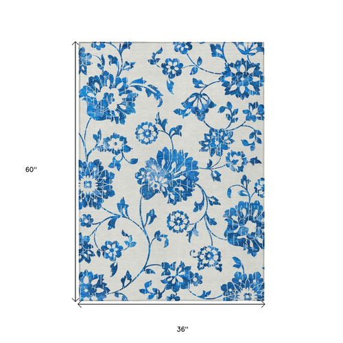 3' X 5' White And Denim Blue Floral Washable Indoor Outdoor Area Rug