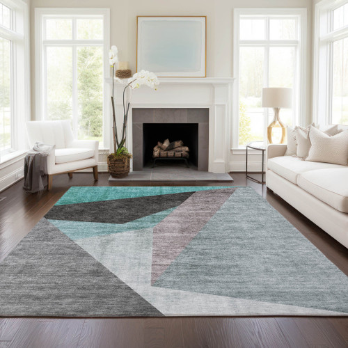 3' X 5' Teal Blue Aqua And Charcoal Abstract Washable Indoor Outdoor Area Rug