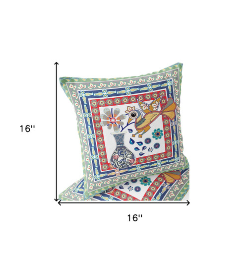 Set of Two 16" X 16" Red and White Peacock Blown Seam Floral Indoor Outdoor Throw Pillow Polyester Home Accent