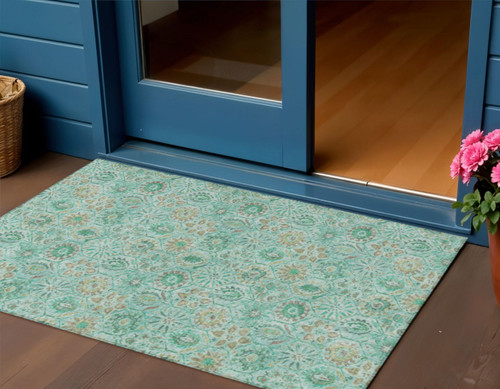 3' X 5' Aqua And Beige Floral Washable Indoor Outdoor Area Rug