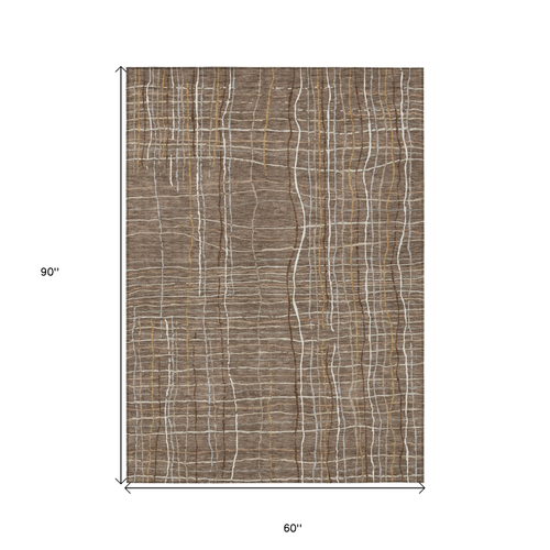 5' X 8' Taupe Brown And Ivory Striped Washable Indoor Outdoor Area Rug
