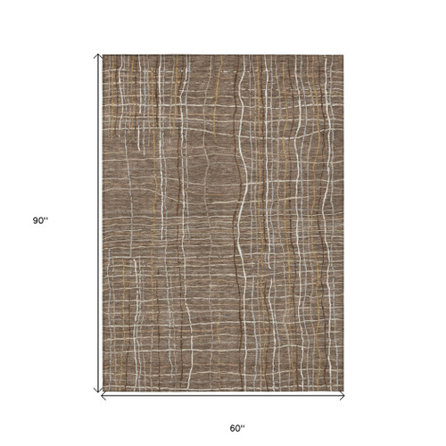 5' X 8' Taupe Brown And Ivory Striped Washable Indoor Outdoor Area Rug