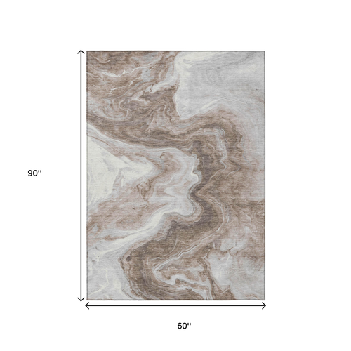 5' X 8' Taupe And Silver Abstract Washable Indoor Outdoor Area Rug