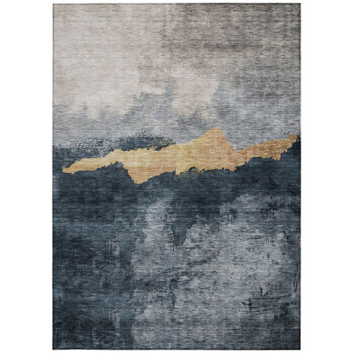 5' X 8' Blue Gray And Gold Abstract Washable Indoor Outdoor Area Rug