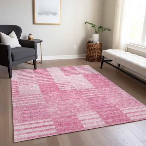 3' X 5' Pink And Blush Striped Washable Indoor Outdoor Area Rug
