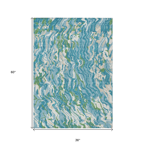 3' X 5' Teal Blue Ivory And Green Abstract Washable Indoor Outdoor Area Rug