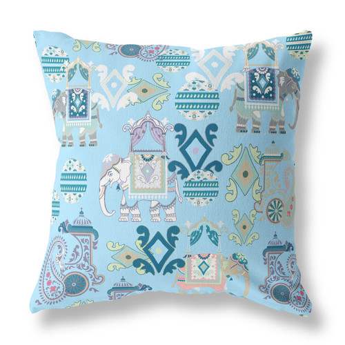 18" X 18" Sky Blue And White Paisley Blown Seam Suede Throw Pillow