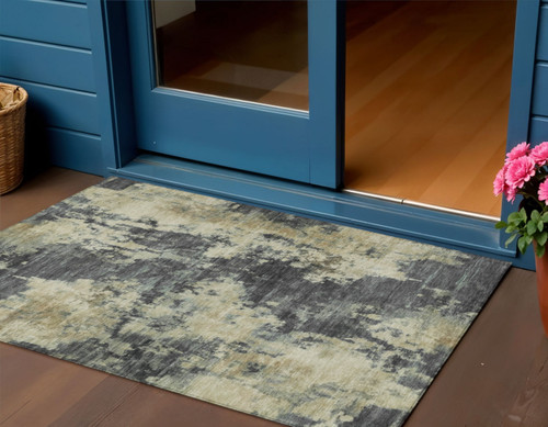 3' X 5' Gray And Beige Abstract Washable Indoor Outdoor Area Rug - Gray, Beige