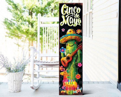 36" Black Green And Orange Solid Wood Cinco de Mayo Tree Porch Sign