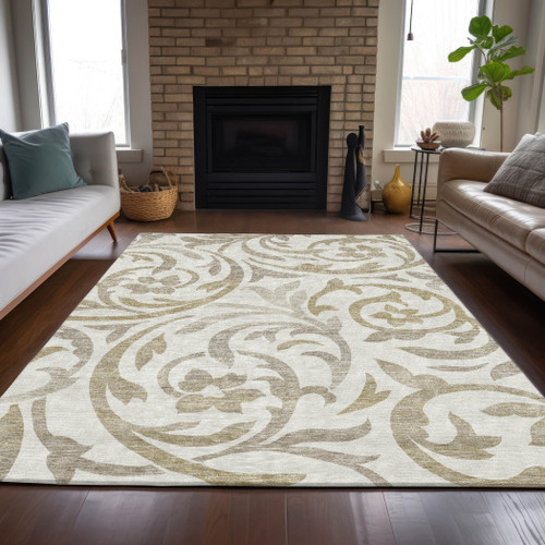 3' X 5' Ivory Beige And Taupe Floral Washable Indoor Outdoor Area Rug