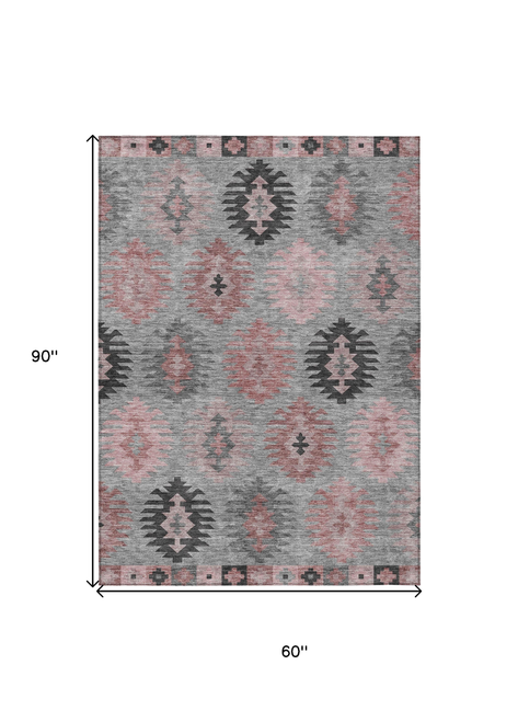 5' X 8' Gray Mauve And Charcoal Southwestern Washable Indoor Outdoor Area Rug