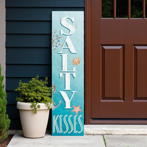36" Aqua Blue And White Wood Sandy Kisses Porch Sign