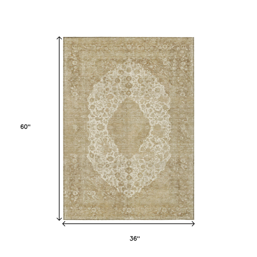 3' X 5' Ivory And Beige Medallion Washable Indoor Outdoor Area Rug