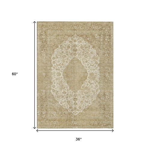 3' X 5' Ivory And Beige Medallion Washable Indoor Outdoor Area Rug
