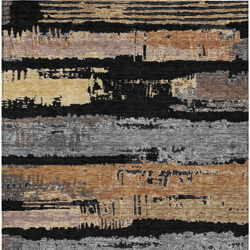 3' X 5' Black Gold And Brown Striped Washable Indoor Outdoor Area Rug