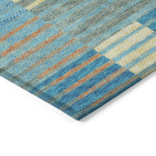 5' X 8' Teal Blue Orange And Sky Blue Striped Washable Indoor Outdoor Area Rug