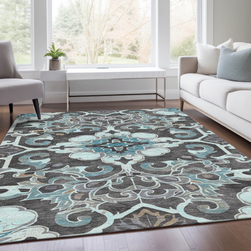 3' X 5' Teal Blue And Charcoal Damask Washable Indoor Outdoor Area Rug