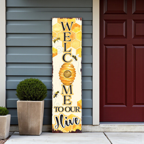 36" Yellow And Black Solid Wood Welcome To Our Hive Porch Sign