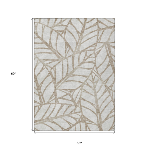 3' X 5' Beige And Brown Floral Washable Indoor Outdoor Area Rug