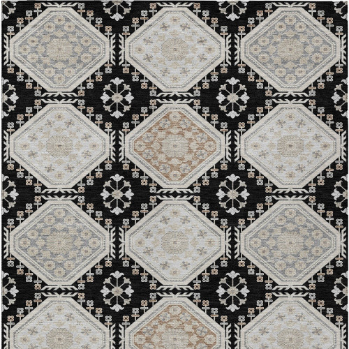 3' X 5' Black And Silver Floral Washable Indoor Outdoor Area Rug